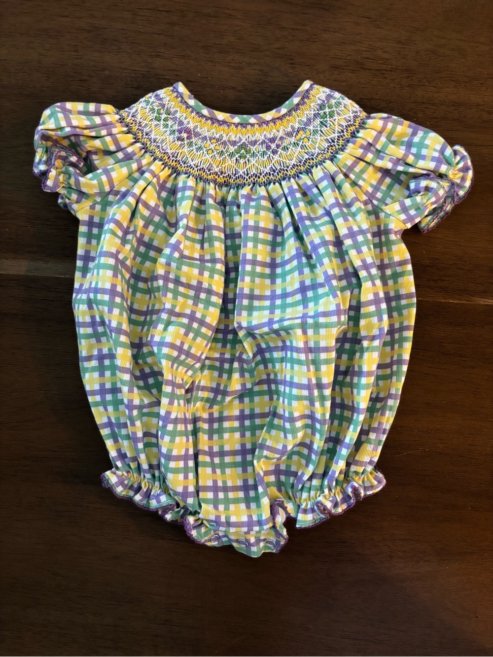 Smocked Plaid Baby One-Piece in Yellow, Purple & Green